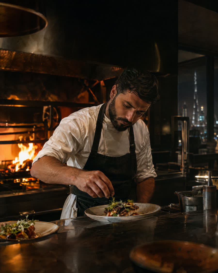 Chef plating a dish by an open fire